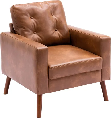 Miniatura 7 de VESCASA Silla con brazo copetudo con patas de madera, piel sintética sintética cómoda y tapizada, sofá individual tapizado, silla lateral moderna