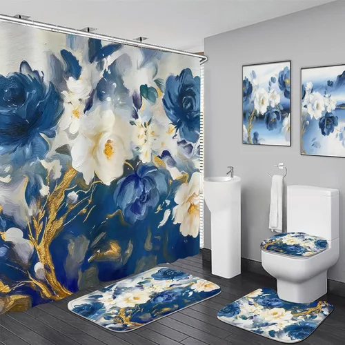 Miniatura 10 de LQCOOL Juego de 4 piezas de cortina de ducha azul con cubos 3D, juegos de baño, juego de cortina de ducha moderna para juegos de baño con alfombras