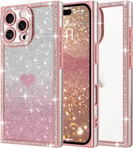 Miniatura 36 de Funda para iPhone 13, funda de diamantes de imitación de lujo con patrón de corazón de amor de cristal [papel con purpurina extraíble], parachoques