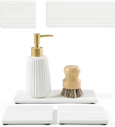Miniatura 8 de Paquete de 2 bandejas de fregadero de piedra de diatomita, tapete de grifo absorbente de agua para encimera de cocina y baño, jabonera decorativa