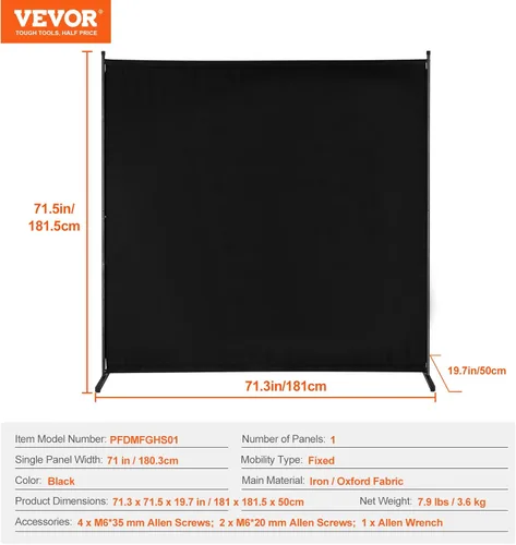 Miniatura 7 de VEVOR Divisor de habitación, divisor de habitación de un solo panel, pantalla de privacidad de 6 pies en interiores, divisor de partición para Negro