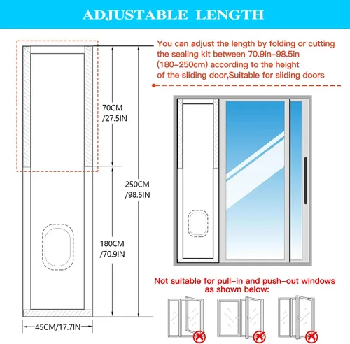 Miniatura 4 de Kit de sello de puerta corrediza de aire acondicionado portátil de 98 pulgadas para Midea/Whynter/Danby, etc. Kit de ventilación de puerta corredera