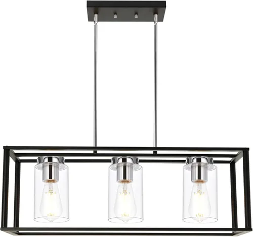 3 luces de isla de cocina con acabado negro claro y cromado, iluminación colgante ajustable con pantallas de vidrio transparente, candelabros