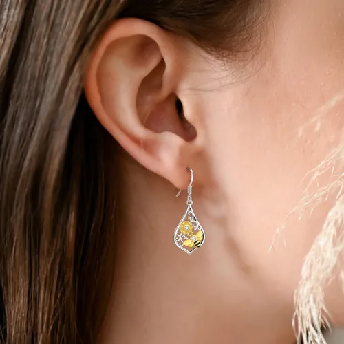 Miniatura 177 de Aretes colgantes de plata de ley con diseño de árbol de la vida, flor, abeja, animales, gato, colibrí, piedra lunar, turquesa, aretes con cierre