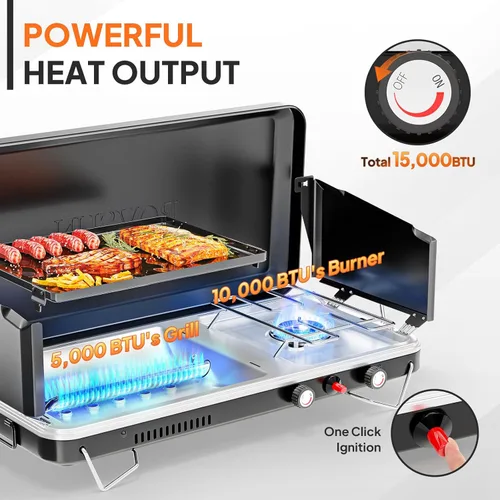Miniatura 2 de ROVSUN Estufa de camping portátil 2 en 1 y parrilla de propano con plancha de esmalte y encendedor piezoeléctrico, estufa de campamento de mesa