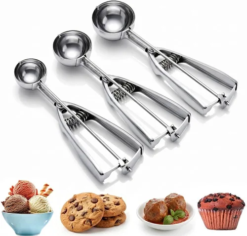 Cuchara para helado, juego de 3 cucharas para galletas, cuchara de helado de acero inoxidable con liberación de gatillo, cuchara de galletas