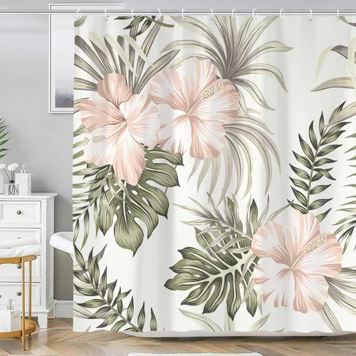 Miniatura 13 de Cortina de Ducha de Hojas Tropicales, Cortina de Baño Decorativa Verde y Negra con Hojas de Palmera y Plátano, Juegos de Cortinas de Ducha de Tela