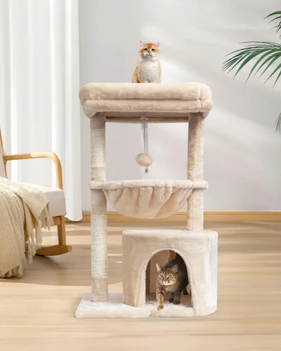 Miniatura 5 de SYANDLVY Árbol pequeño para gatos de interior, condominio para gatitos con poste rascador y tabla, torre de actividades moderna con cuna, beige