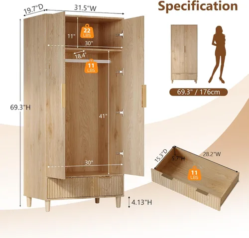 Miniatura 2 de VINGLI Armario Ropero Acanalado con Puertas y Cajones, Gabinete Armario con Barra para Colgar, Armario de Dormitorio de Madera de Roble, Armario