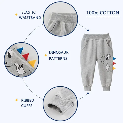 Miniatura 2 de GFQLONG Paquete de 2 pantalones deportivos de dinosaurio de algodón para niños pequeños, pantalones deportivos de dibujos animados para niños