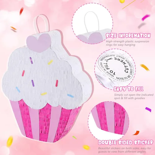 Miniatura 3 de Piñata de cupcakes para fiesta de cumpleaños, piñata azul para niñas con palo, confeti para los ojos vendados, piñatas grandes de helado para niños