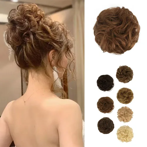 Miniatura 30 de BARSDAR Extensión de moño 100% humano – Cabello humano real rojo desordenado moño coletero para mujer – Extensiones elásticas onduladas
