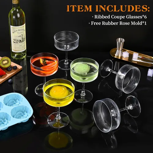 Miniatura 4 de Amyoole Juego de Vasos de Copa Vintage acanalados de 6-11oz de Cristal 100% Transparente Elegantes Vasos de Cóctel, Cristalería Transparente