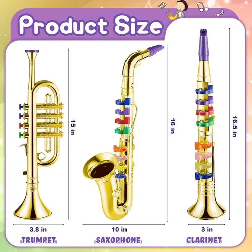 Miniatura 2 de 3 piezas de instrumentos musicales para niños, saxofón, trompeta, clarinete con 8 teclas codificadas por colores, canciones educativas de enseñanza