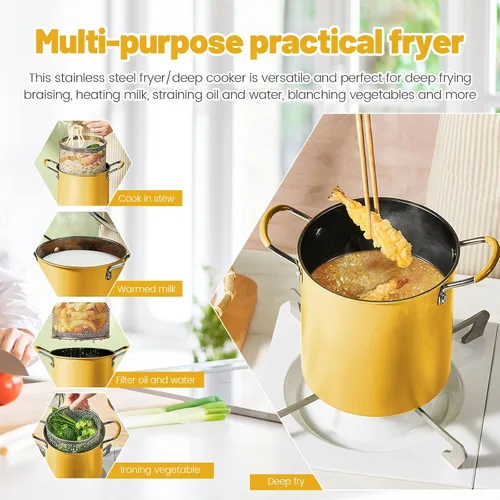 Miniatura 2 de UKQRRTC Olla para freír con cesta coladora, sartén de acero inoxidable, resistente al calor, mini freidora de aceite, recipiente de aceite