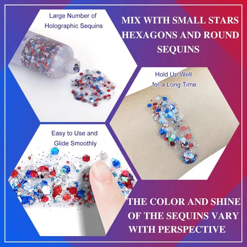 Miniatura 8 de MEICOLY Purpurina corporal roja, blanca y azul, accesorios del 4 de julio, purpurina para el cabello para niños, atuendos del 4 de julio
