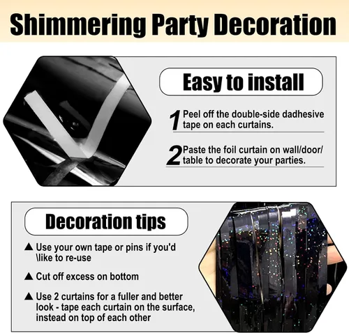 Miniatura 3 de Paquete de 3 cortinas de flecos de papel de aluminio negro, 3.28 pies x 8.2 pies, cortinas metálicas de oropel con flecos para cabina de fotos, día