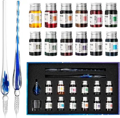 Juego de bolígrafos de cristal para caligrafía, 12 tintas coloridas, juegos de caligrafía para arte, escritura, firma, decoración, regalo (12+2 Azul