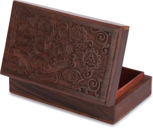 Miniatura 8 de Ajuny Joyero decorativo de madera de recuerdo de 8 pulgadas - Caja de tallado de 7 chakras para joyas, monedas, cartas de tarot, organizador