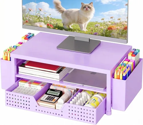 Miniatura 11 de OPNICE - Organizadores y accesorios de escritorio, con soporte de monitor de computadora de 2 niveles, cajón y 2 soportes para bolígrafos, Roble