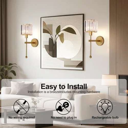Miniatura 3 de Moderno juego de 2 apliques de pared de cristal de vidrio, funciona con pilas, luces de pared recargables doradas con control remoto, accesorio