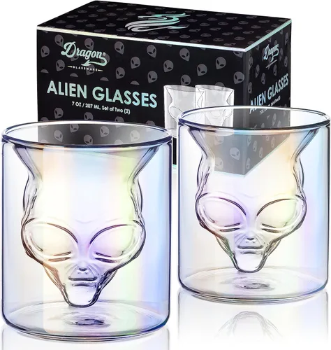 Dragon Glassware Vasos de bebida Alien – Juego de 2 vasos de 7 onzas con diseño único de doble pared gris inspirado en alienígenas de Área 51 –