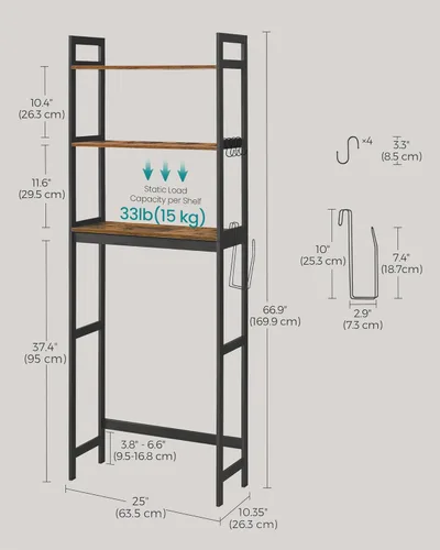 Miniatura 3 de SONGMICS Almacenamiento sobre el inodoro, organizador de baño de 3 niveles sobre el inodoro con estantes ajustables, ganchos, bambú, estantes
