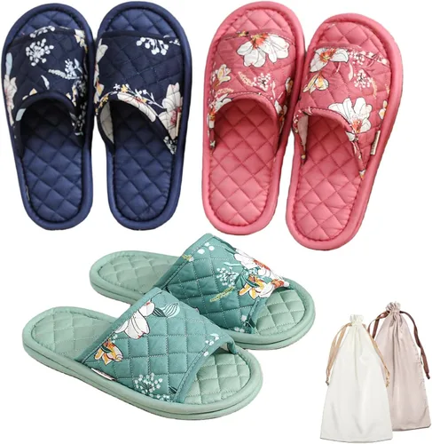 Miniatura 9 de 3 pares de zapatillas de casa florales de algodón para mujeres, zapatillas interiores de punta abierta cómodas lavables portátiles plegables