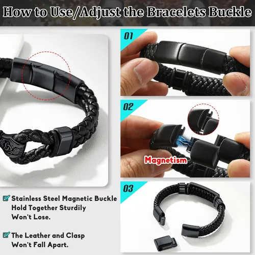 Miniatura 6 de Bestyle Pulseras vikingas trenzadas de cuero genuino para hombres y niños, pulseras vintage de martillo de Thorcalaveramasónico masón con cierre,
