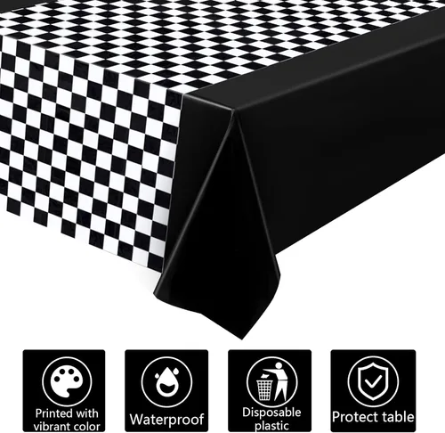 Miniatura 3 de Tallew Suministros de fiesta de automóvil a cuadros, mantel desechable de plástico para mesa de carreras en blanco y negro, camino de mesa