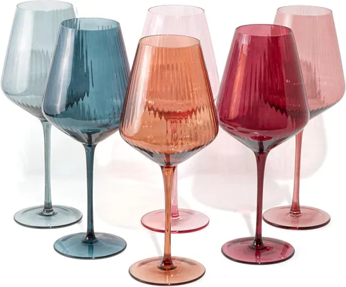 Miniatura 8 de Crutello Copas de vino modernas, cristalería acanalada única de 17 onzas con textura de cristalería acanalada vintage y borde dorado, copas de vino