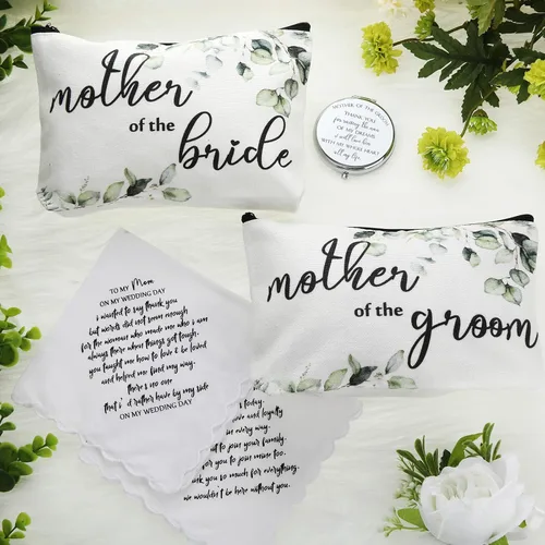 Miniatura 6 de Paquete de 6 regalos para madre de la novia, el juego de regalos para madre del novio, incluye 2 hojas, bolsa de cosméticos, 2 espejos
