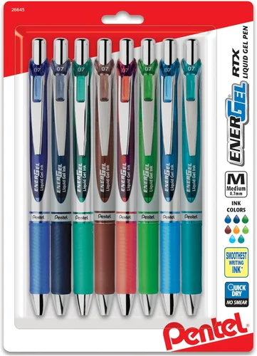 Pentel EnerGel RTX - Bolígrafo de gel líquido retráctil (¹/₃₂ pulgadas), punta de metal, línea mediana, surtido de 2 tintas, 8 unidades (BL77BP8M2)