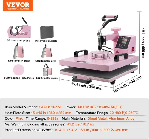 Miniatura 8 de VEVOR Máquina de prensa de calor de 15 x 15 pulgadas, combo 8 en 1 con prensa de vasos de 30 onzas y prensa para sombreros, máquina de sublimación