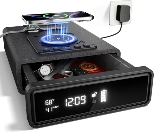ORARAER Caja fuerte biométrica con carga inalámbrica, 3 métodos de acceso para desbloquear, mesita de noche, cajón con pantalla LED segura con
