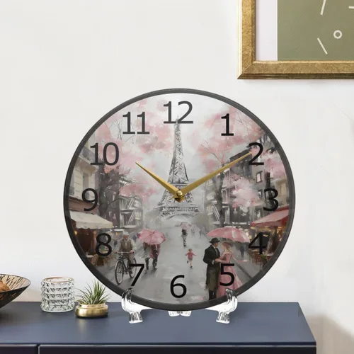 Miniatura 6 de ALAZA París Torre Eiffel Pareja Rosa Floral Acrílico Pintado Silencioso Reloj de pared redondo sin tictac, 9.5 pulgadas, funciona con pilas, reloj