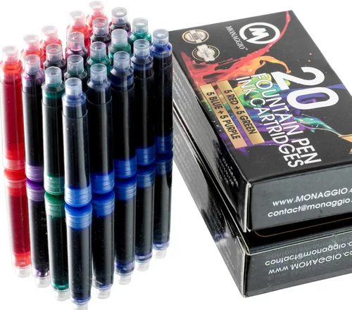 MONAGGIO Cartuchos de tinta extra para la mayoría de las plumas estilográficas: 20 cartuchos de repuesto (5 rojos, 5 verdes, 5 azules, 5 púrpuras) -