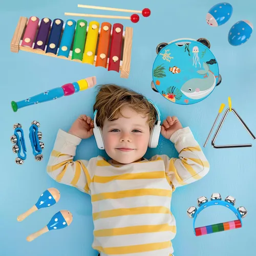 Miniatura 5 de Juego de instrumentos musicales de madera para niños pequeños de 1 a 3 años, instrumentos de percusión de madera natural, juego de regalo