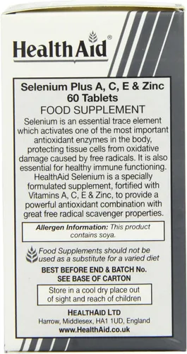 Miniatura 4 de Health Aid Selenio Plus (Vitaminas A, C, E y Zinc) 60 Tabletas