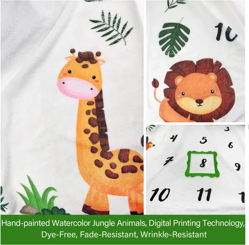 Miniatura 7 de Manta mensual de hito para bebé, diseño de animales de la selva, manta neutral para el mes del recién nacido, regalo personalizado para ducha