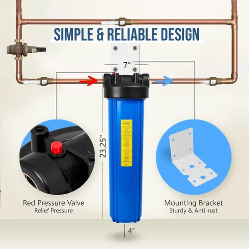 Miniatura 8 de Sistema purificador de filtro de agua azul de alta capacidad de 20 x 4.5 pulgadas para toda la casa con botón de alivio de presión, puerto de latón