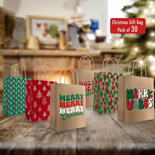 Miniatura 3 de EasyKart - Bolsas de regalo de papel kraft – 30 bolsas de regalos de Navidad, 6 diseños, regalos para el aula y fiestas (9 x 7.3 x 3.3 pulgadas)