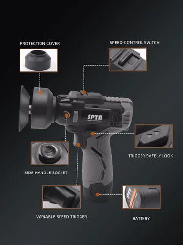 Miniatura 3 de SPTA 12V Kit de herramientas de pulido rotativo para auto inalámbrico, pulidora de doble acción con taladro inalámbrico, velocidad variable, batería