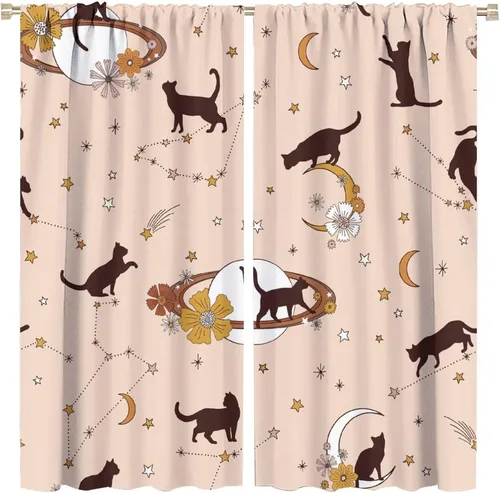 Miniatura 17 de Cortinas de estilo de mediados de siglo, diseño geométrico abstracto moderno, diseño retro, estampado de gato negro, para dormitorio, sala de estar