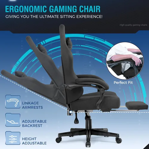 Miniatura 8 de GTPLAYER Silla de juegos grande y alta de tela con cojín de resorte de bolsillo, silla ergonómica de computadora de respaldo alto con reposapiés