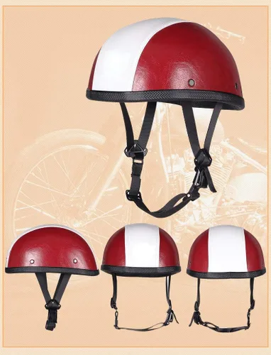 Miniatura 2 de Casco de cuero medio casco motocicleta motocicleta vintage Touring Cruiser Scooter cascos talla única Rojo/Blanco