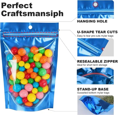 Miniatura 3 de 100pcs 7.1"x10.2" Mylar Bags for Food Storage,Smell Proof Bag with Window Resealable，Stand-up Foil Pouch Packaging Freeze Dried Candy Bag Food Azul