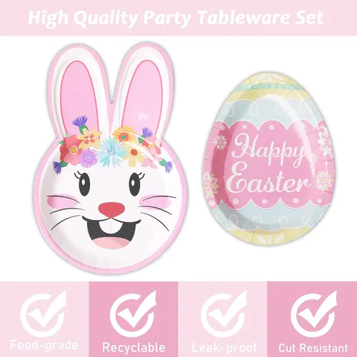 Miniatura 4 de Tevxj Juego de vajilla de Pascua de 96 piezas con forma de huevo de conejo, platos de papel desechables coloridos para cacería de huevos de Pascua