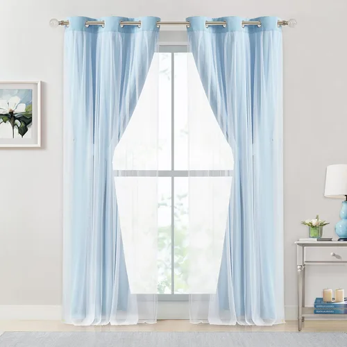 Miniatura 8 de Bujasso- 2 cortinas 80% blackout azul cielo c/capa superpuesta traslúcida, doble capa térmica y aislante p/mezclar y combinar, parte superior