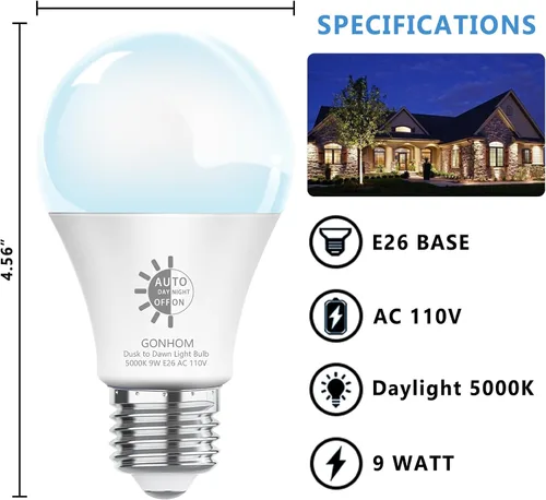 Miniatura 5 de Gonhom - Paquete de 4 bombillas LED de anochecer a amanecer para exteriores, bombillas de 5000K-luz de día de anochecer a amanecer, 720 lúmenes, 9W